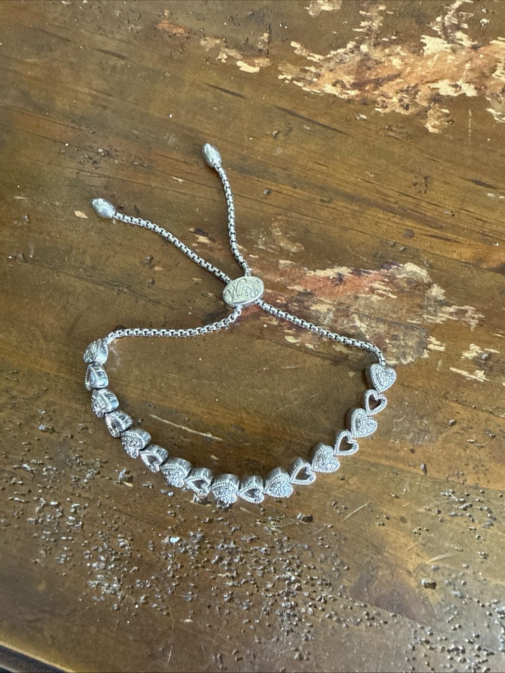 R&M NWOT 925  Silver Diamond Accent Alternating Solid & Open Heart Bolo Bracelet